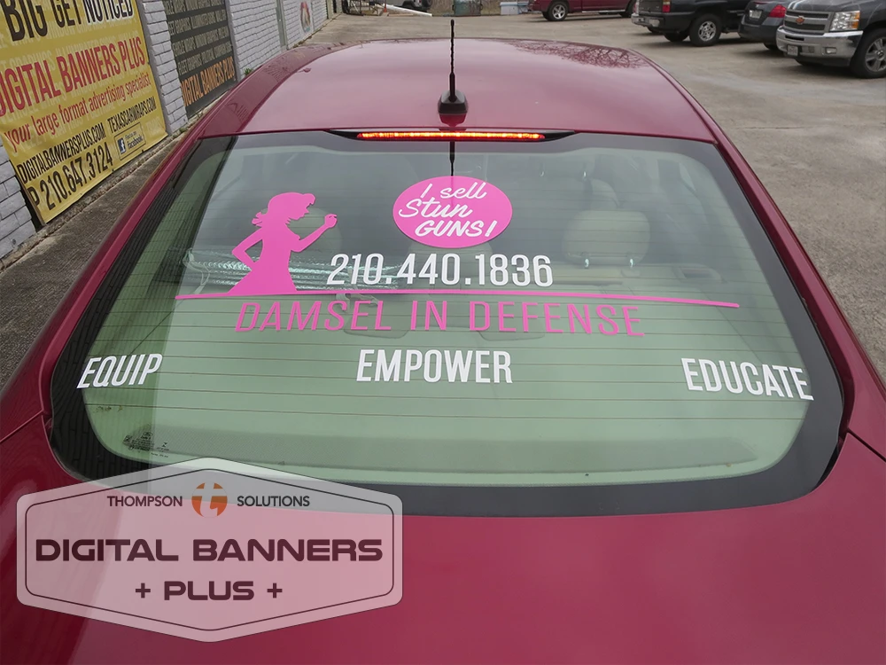 Damsel in Defense branded rear window vehicle wrap designed by a San Antonio sign company specializing in San Antonio vehicle wraps and vinyl signs San Antonio businesses trust