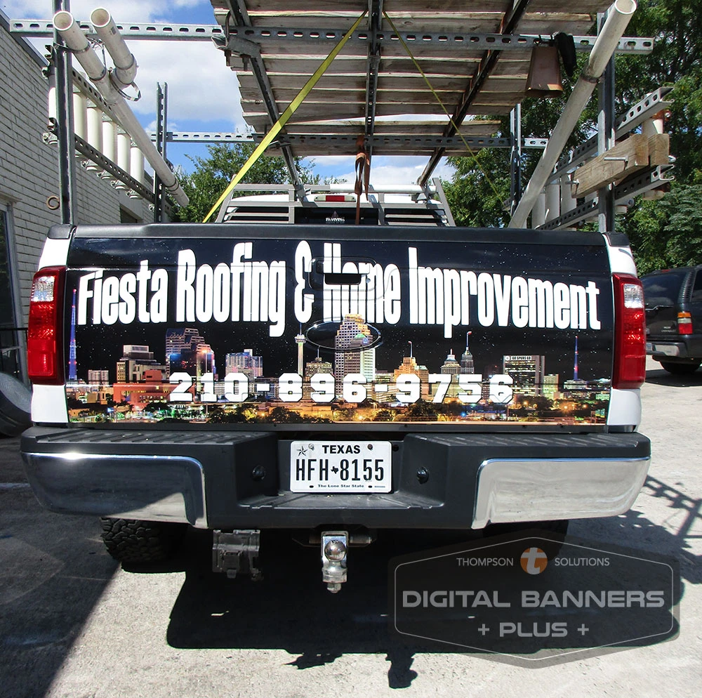 San Antonio vehicle wraps truck tailgate branding by Digital Banners Plus highlighting vinyl signs, large vinyl banner printing and graphic design services in San Antonio