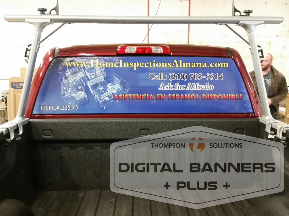 San Antonio vehicle wraps rear window perforated graphic for home inspections by Digital Banners Plus featuring vinyl signs and graphic design services in San Antonio
