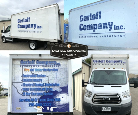 Large vinyl banner printing by Digital Banners Plus showcasing branded commercial truck wraps for professional business visibility in San Antonio